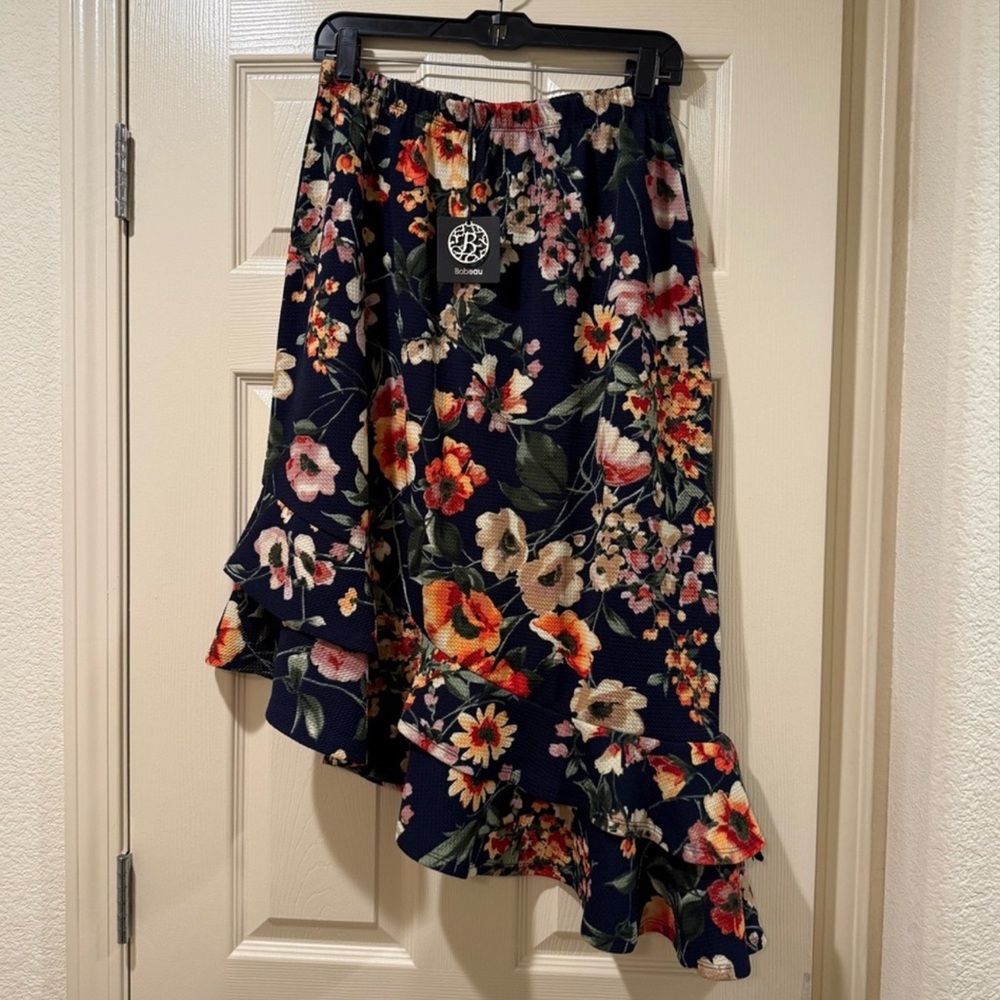NWT Bobeau Black & Orange Floral Asymmetrical Wrap Midi Skirt Size M